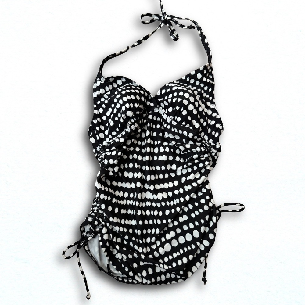 Croft & Barrow Black White Polka Dot Halter Tankini Top Ruched Swimwear Size 12